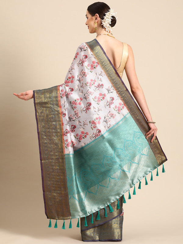 Gray Pure Silk Floral Digital Print Saree with Unstitched Blouse
