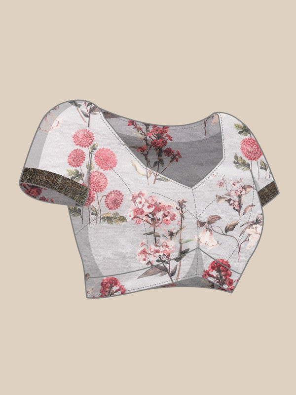 Gray Pure Silk Floral Digital Print Saree with Unstitched Blouse