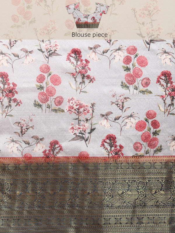 Gray Pure Silk Floral Digital Print Saree with Unstitched Blouse