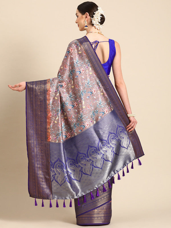 Brown Pure Silk Floral Print Saree with Unstitched Blouse Piece