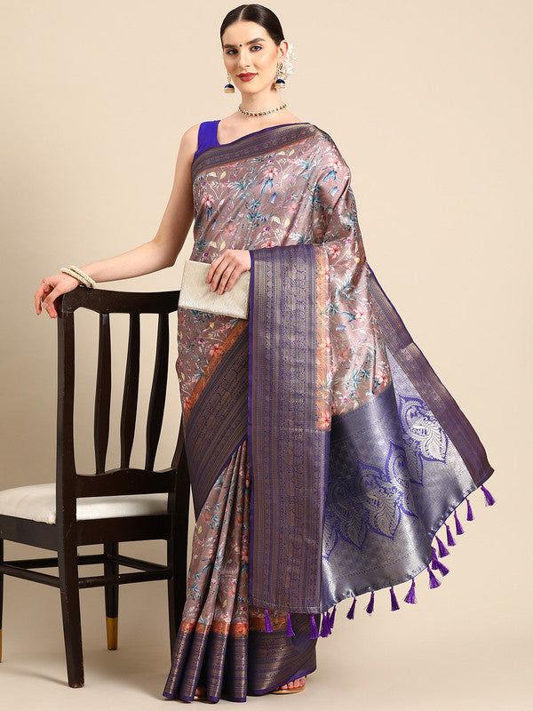 A sophisticated brown pure silk saree featuring vibrant digital floral prints with an unstitched blouse.