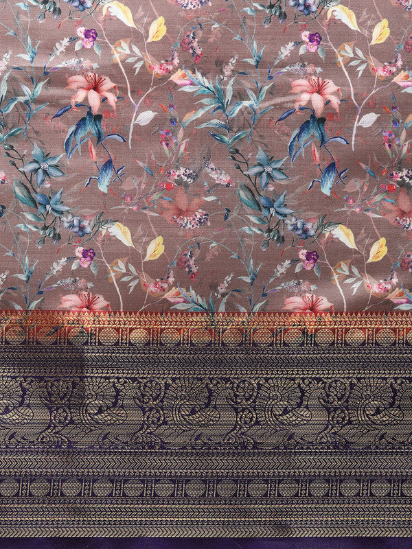 Brown Pure Silk Floral Print Saree with Unstitched Blouse Piece