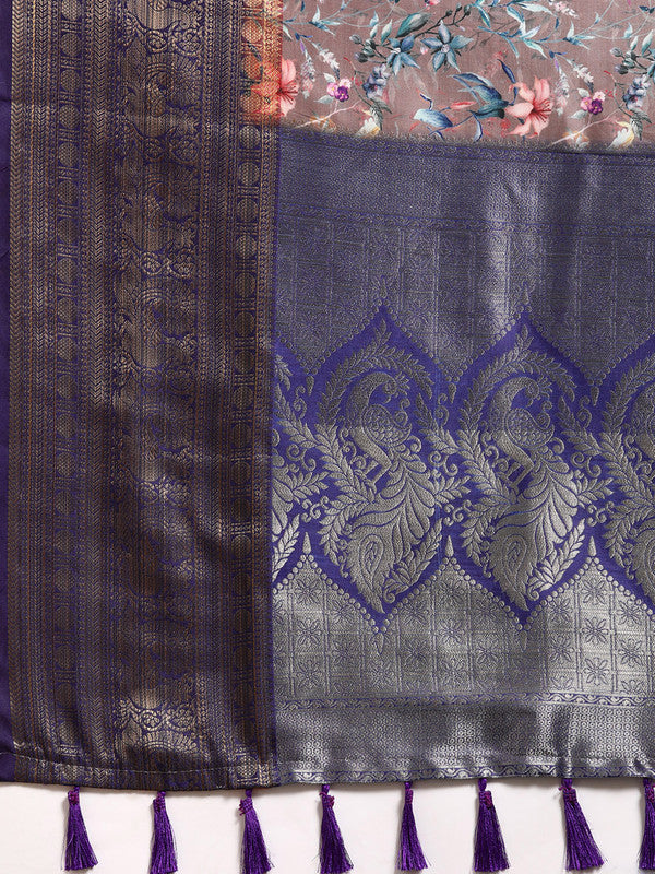 Brown Pure Silk Floral Print Saree with Unstitched Blouse Piece