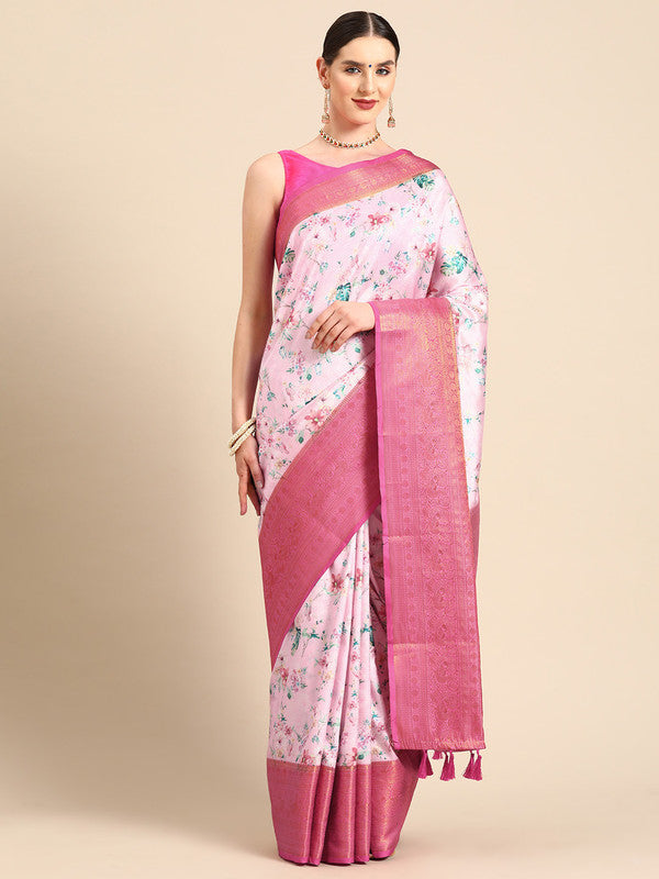 Pink pure silk saree with detailed floral digital print and unstitched blouse
