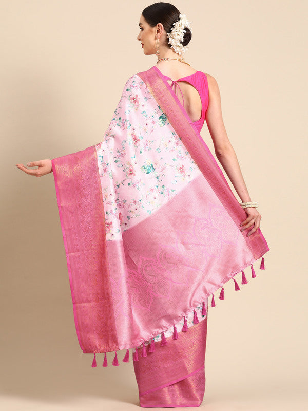 Pink Pure Silk Digital Print Floral Saree with Unstitched Blouse