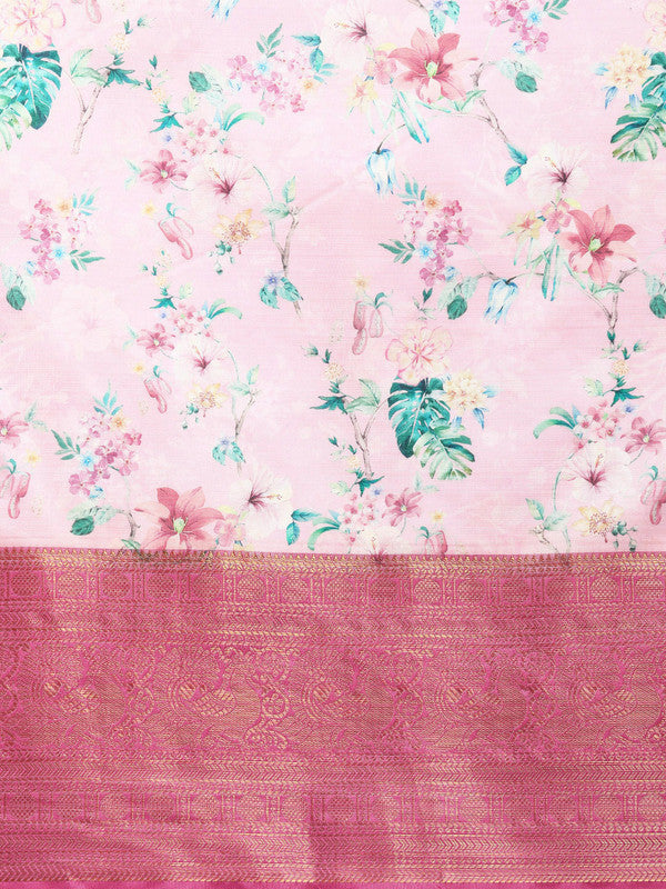 Pink Pure Silk Digital Print Floral Saree with Unstitched Blouse