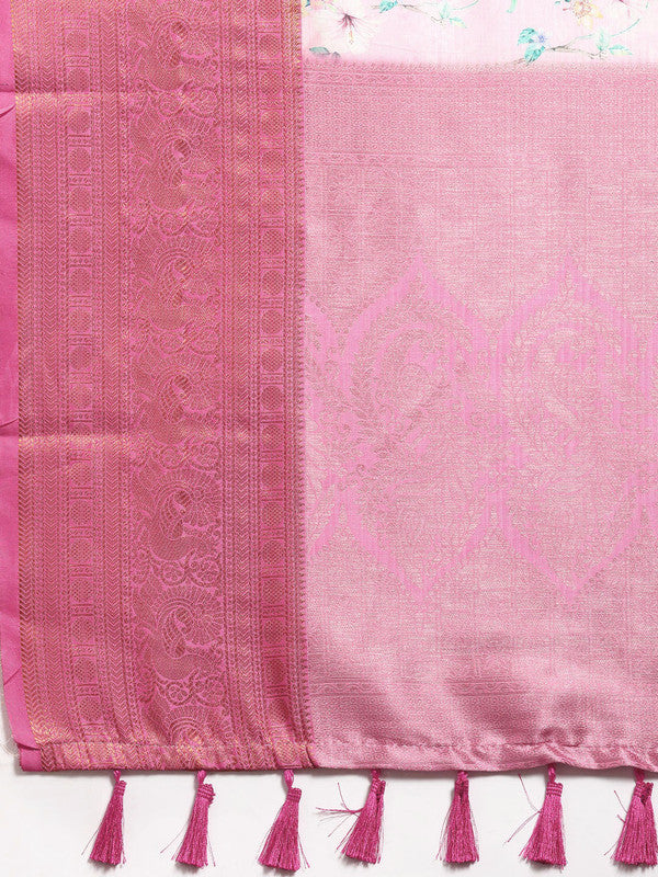 Pink Pure Silk Digital Print Floral Saree with Unstitched Blouse