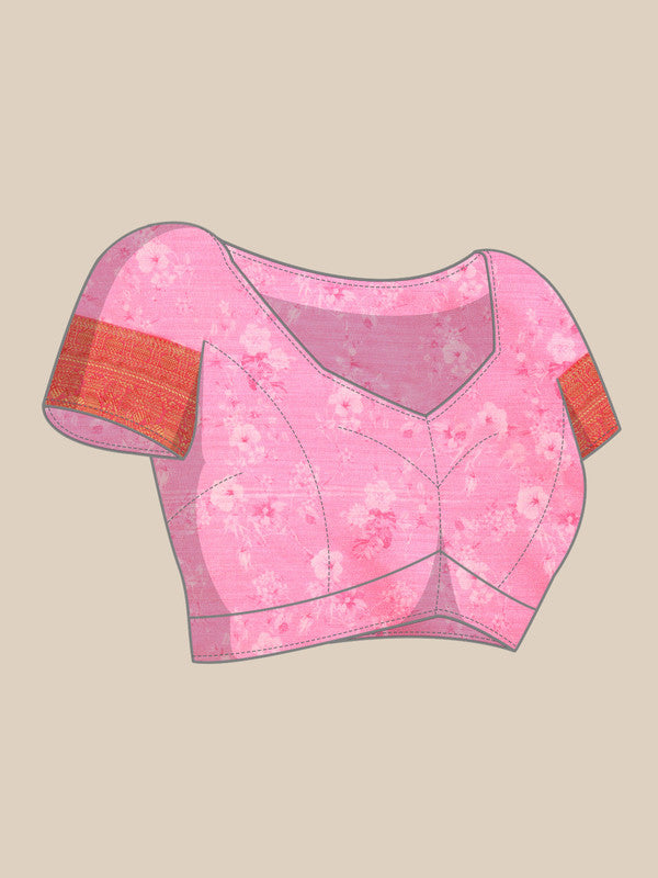 Pink Pure Silk Digital Print Floral Saree with Unstitched Blouse