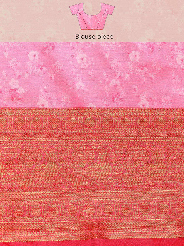 Pink Pure Silk Digital Print Floral Saree with Unstitched Blouse