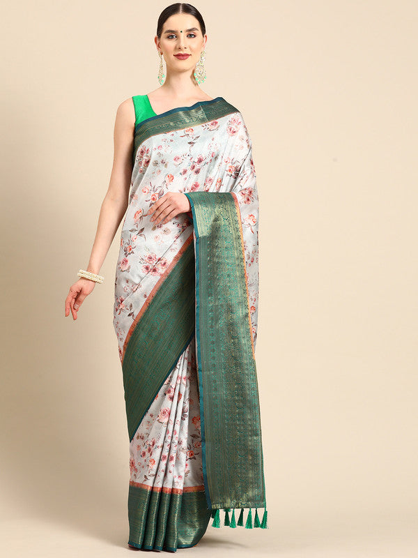 Gray pure silk saree with elegant digital floral prints and unstitched blouse