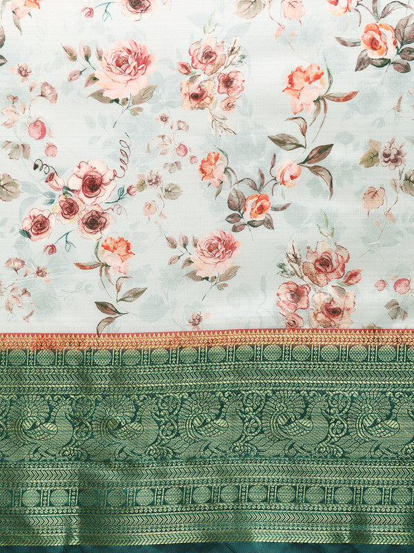 Gray Pure Silk Floral Digital Print Saree with Blouse