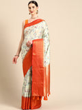 Green pure silk floral print saree with matching unstitched blouse