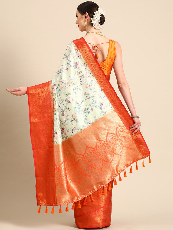 Green Pure Silk Digital Print Floral Saree with Unstitched Blouse