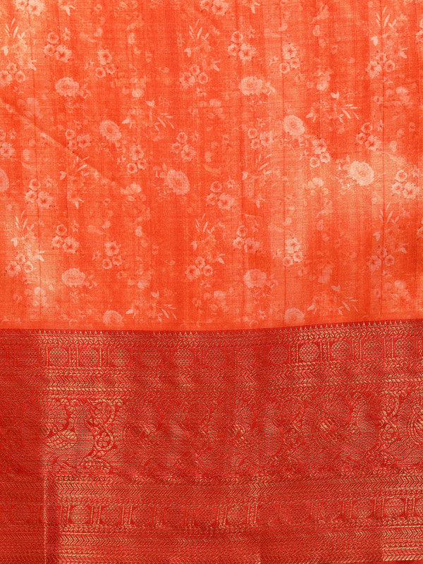 Green Pure Silk Digital Print Floral Saree with Unstitched Blouse