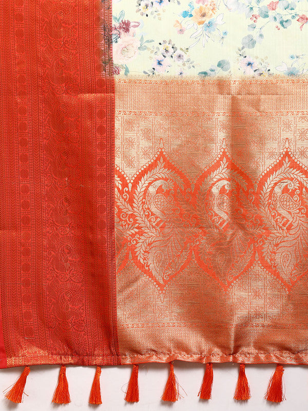 Green Pure Silk Digital Print Floral Saree with Unstitched Blouse