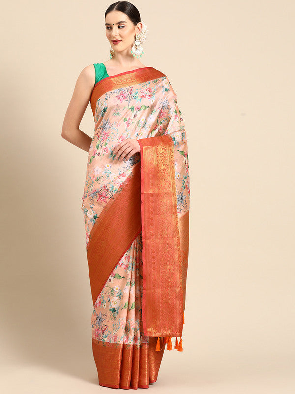 Elegant peach pure silk saree with floral digital print and unstitched blouse