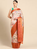 Elegant peach pure silk saree with floral digital print and unstitched blouse