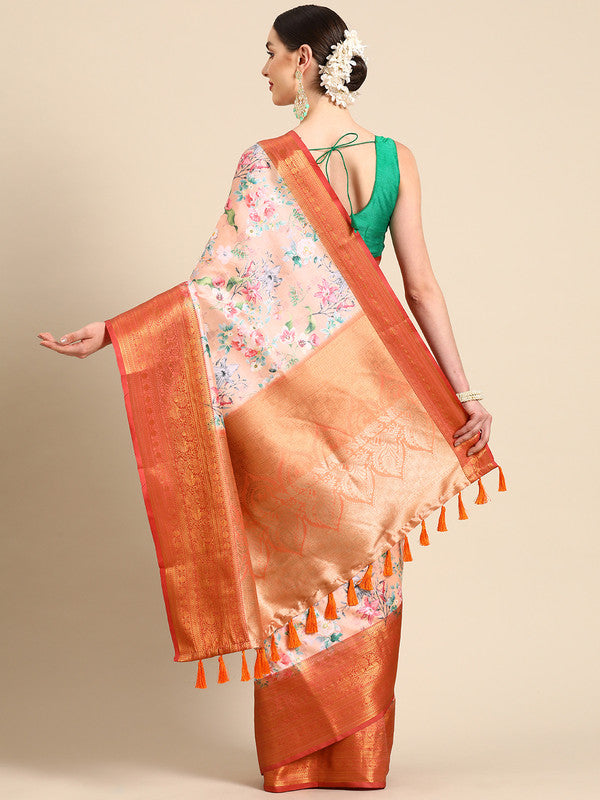 Peach Pure Silk Digital Print Floral Saree with Unstitched Blouse
