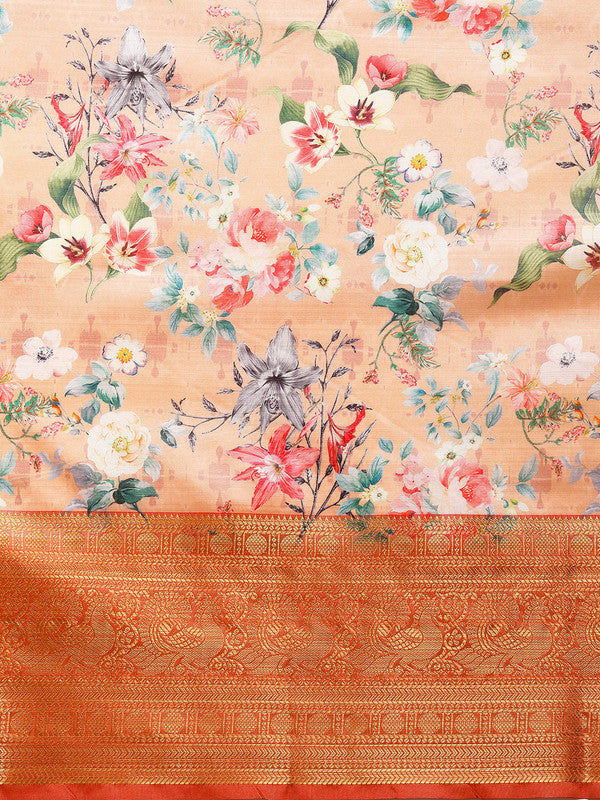 Peach Pure Silk Digital Print Floral Saree with Unstitched Blouse