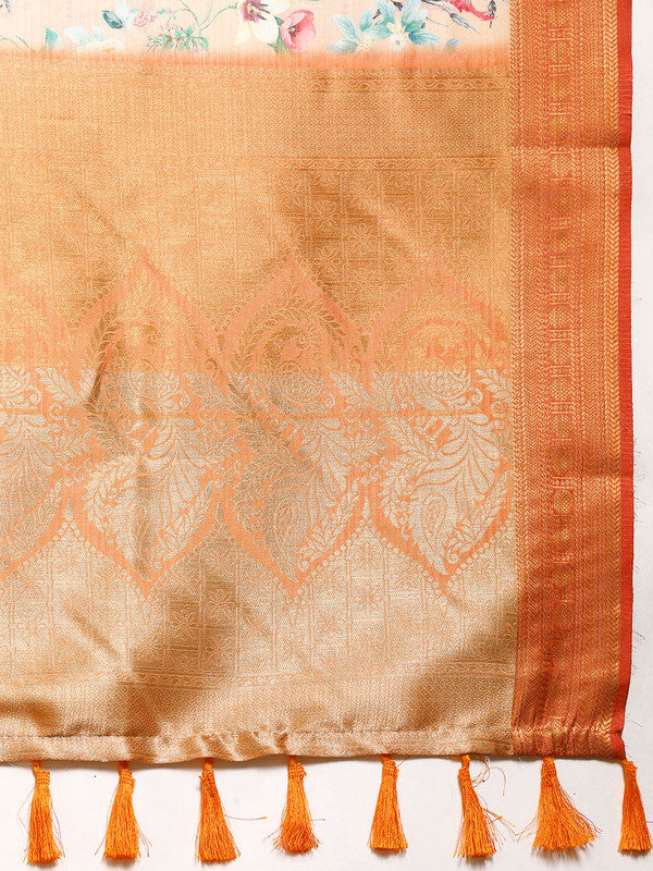 Peach Pure Silk Digital Print Floral Saree with Unstitched Blouse