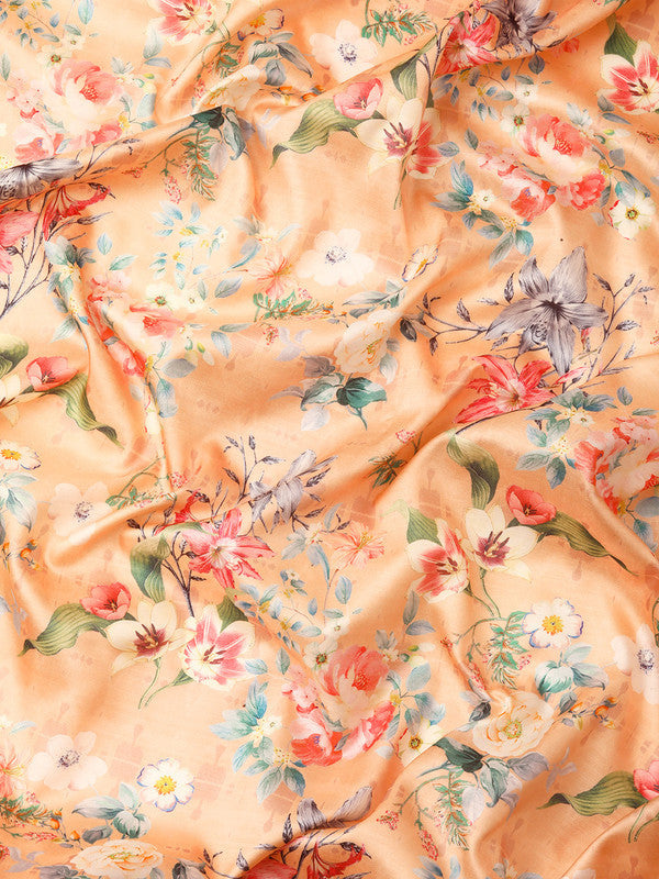 Peach Pure Silk Digital Print Floral Saree with Unstitched Blouse
