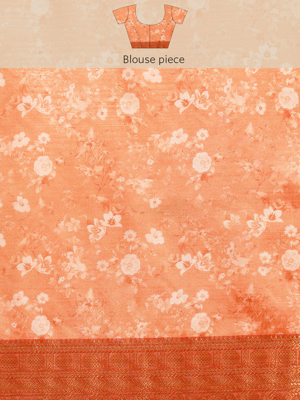 Peach Pure Silk Digital Print Floral Saree with Unstitched Blouse