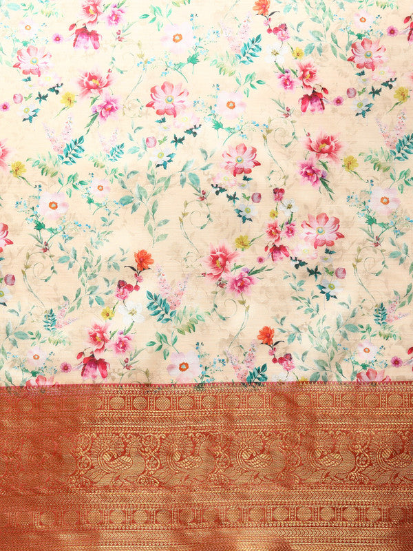 Multicolor Pure Silk Digital Print Floral Saree with Unstitched Blouse