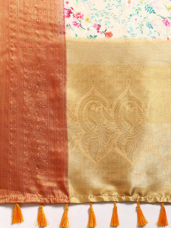 Multicolor Pure Silk Digital Print Floral Saree with Unstitched Blouse