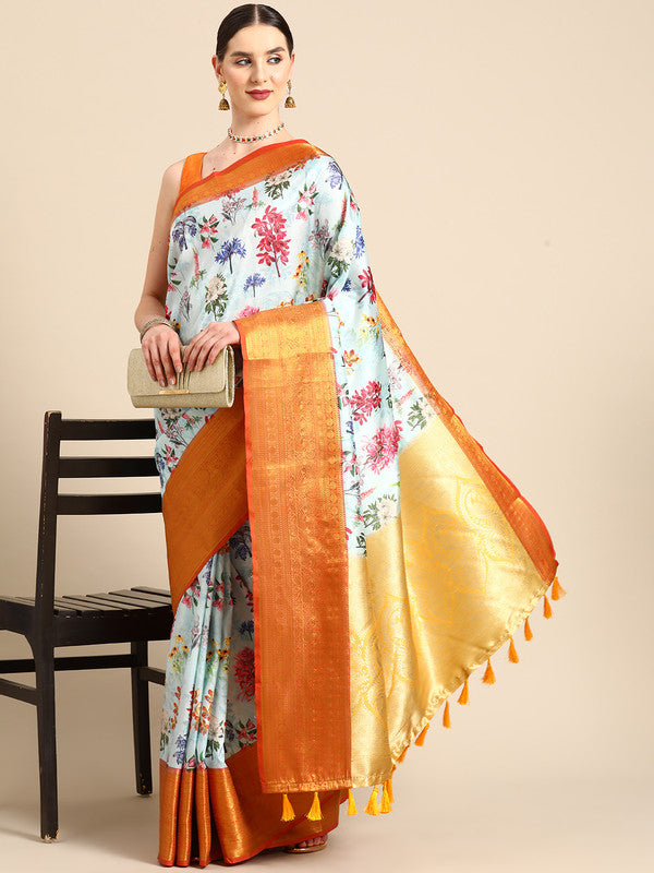 Sky blue pure silk saree featuring vibrant digital floral prints with unstitched blouse piece
