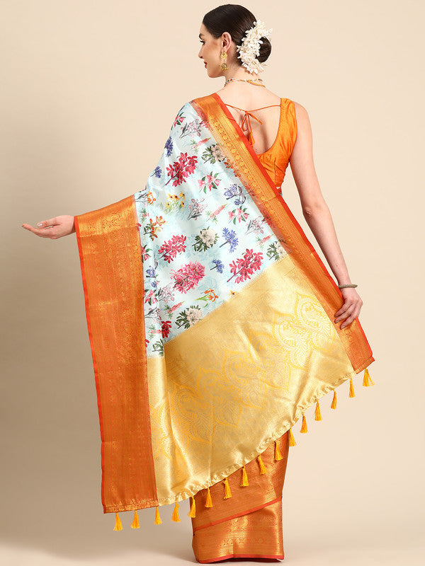 Sky Blue Pure Silk Floral Print Saree with Unstitched Blouse