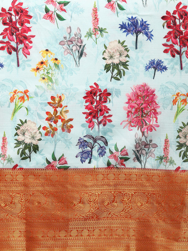 Sky Blue Pure Silk Floral Print Saree with Unstitched Blouse