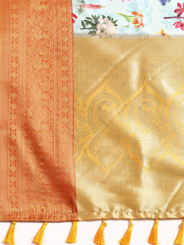 Sky Blue Pure Silk Floral Print Saree with Unstitched Blouse