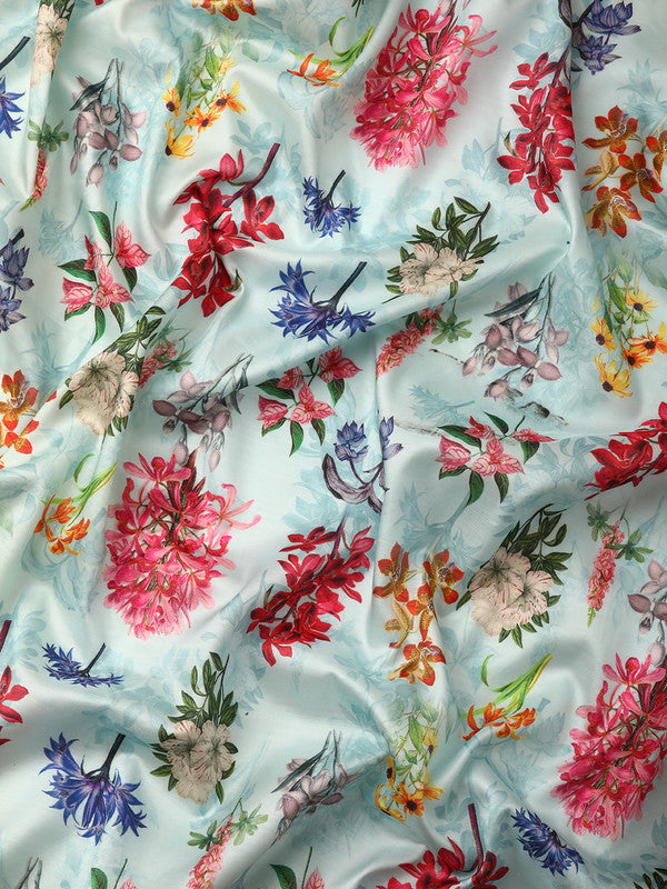 Sky Blue Pure Silk Floral Print Saree with Unstitched Blouse