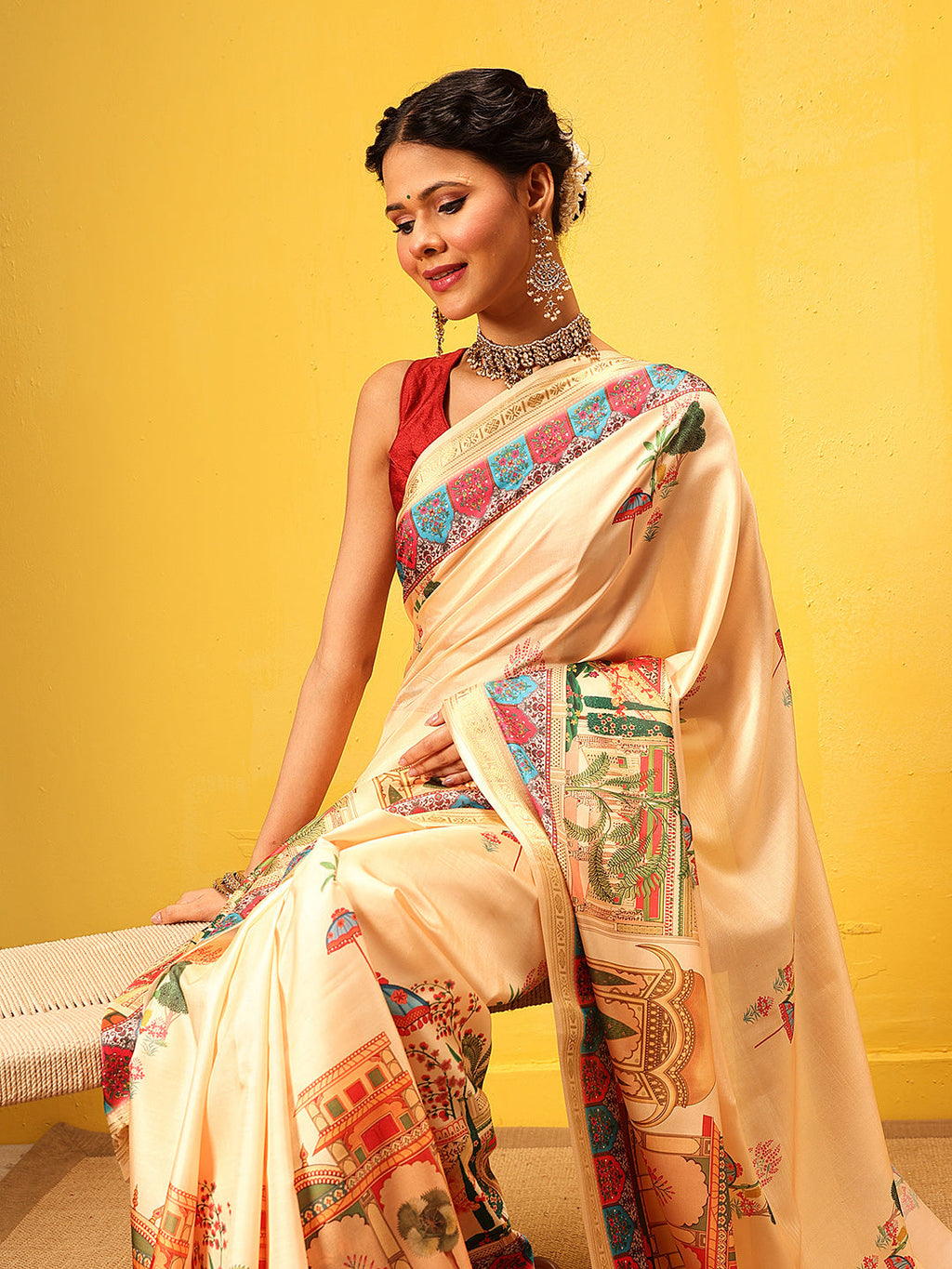 Beige Banarasi Art Silk Saree with Abstract Digital Prints