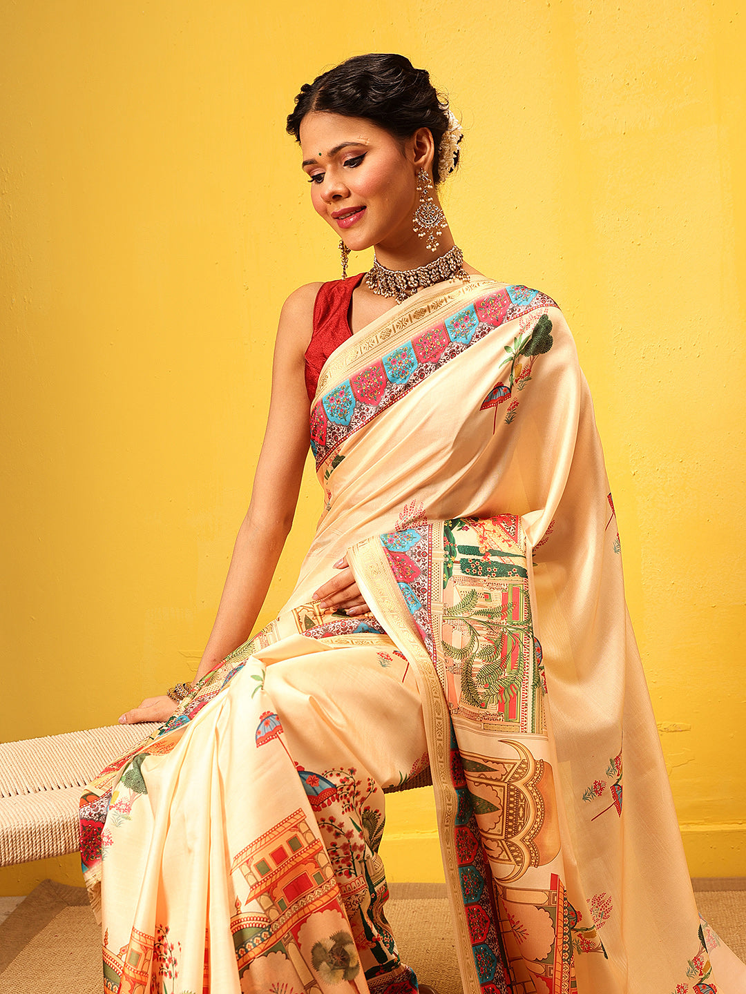 Beige Banarasi Art Silk Saree with Abstract Digital Prints