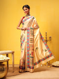 Beige Banarasi Art Silk Saree with abstract digital printed patterns