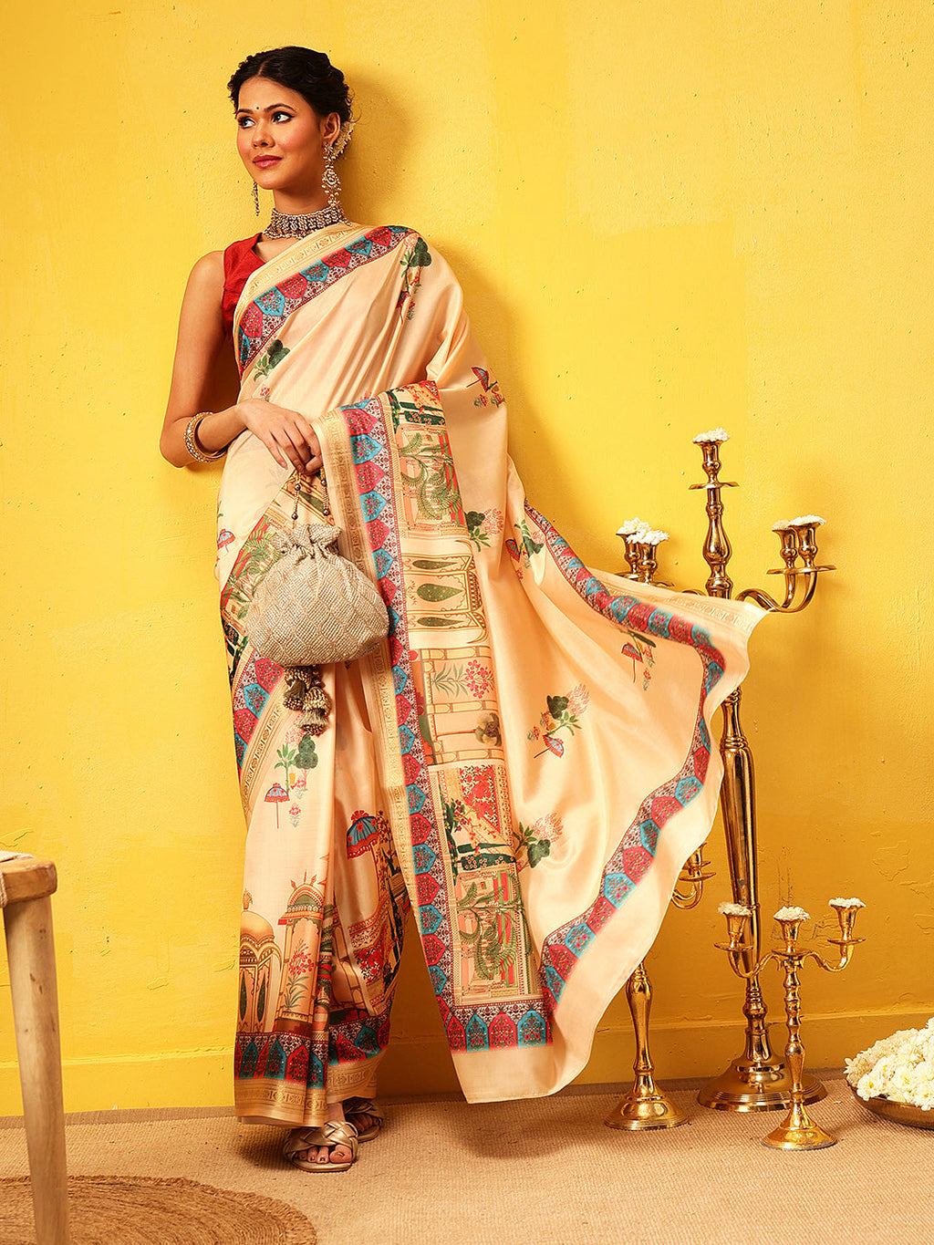 Beige Banarasi Art Silk Saree with Abstract Digital Prints