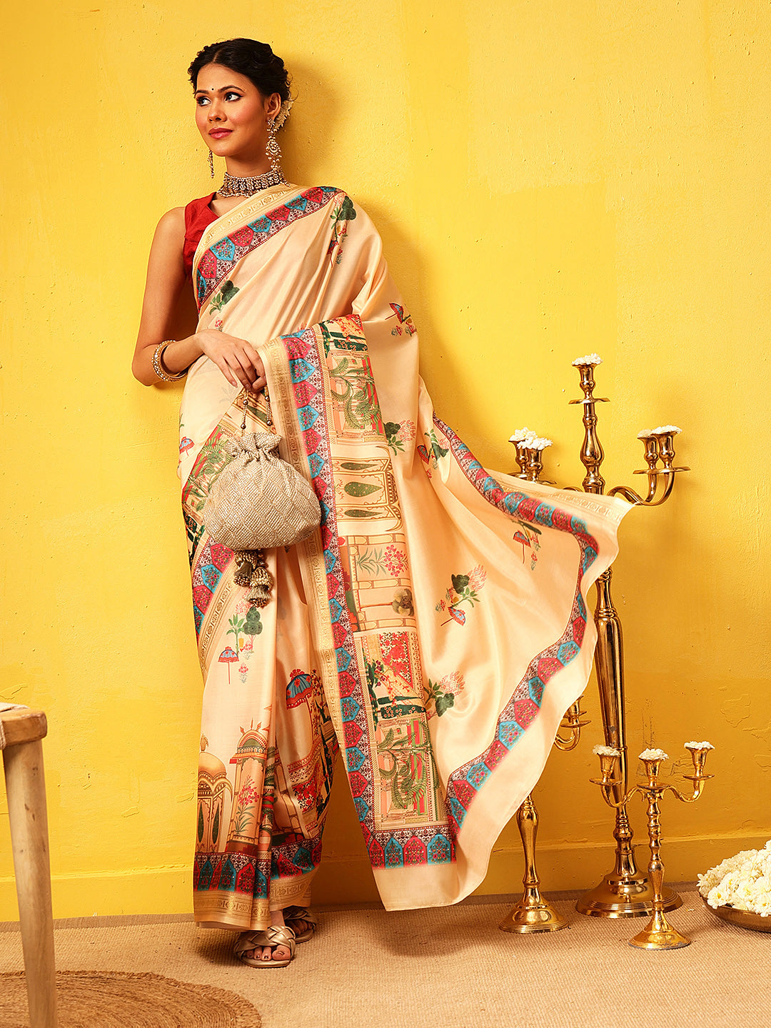Beige Banarasi Art Silk Saree with Abstract Digital Prints
