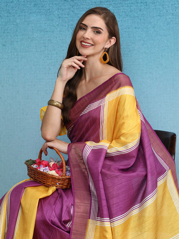 Yellow Tusser Silk Digital Print Solid Saree with Unstitched Blouse