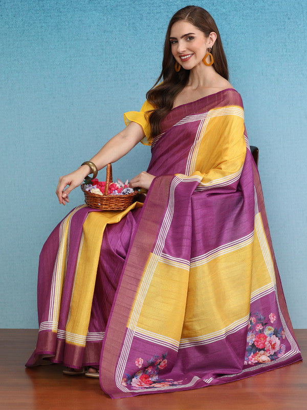Yellow Tusser silk solid saree with digital print and unstitched blouse