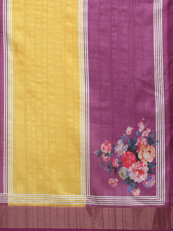 Yellow Tusser Silk Digital Print Solid Saree with Unstitched Blouse