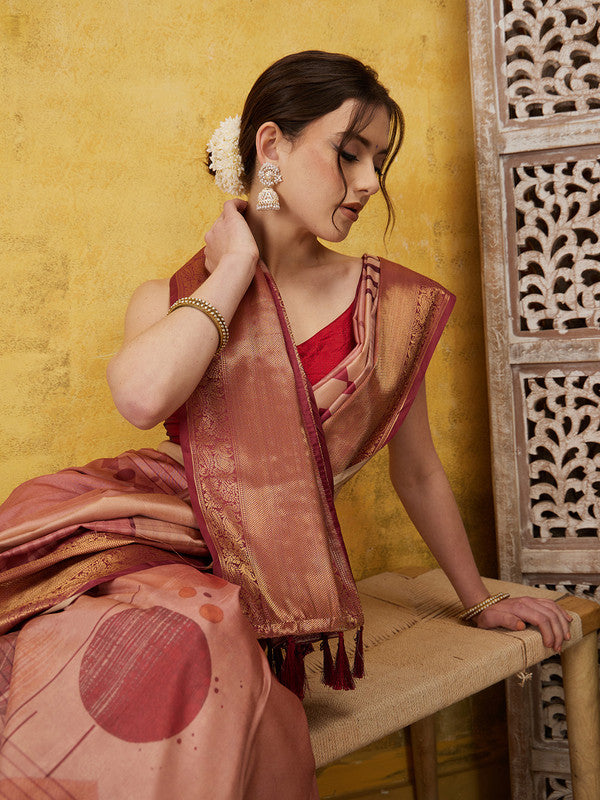 Peach Tusser silk saree featuring a striped digital print with matching blouse piece