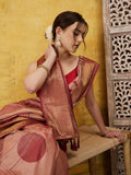 Peach Tusser silk saree featuring a striped digital print with matching blouse piece