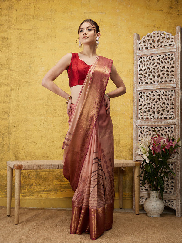 Peach Tusser Silk Digital Print Striped Saree with Blouse