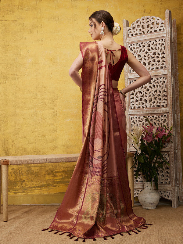 Peach Tusser Silk Digital Print Striped Saree with Blouse