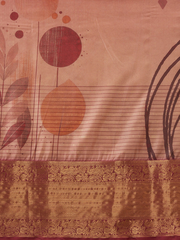Peach Tusser Silk Digital Print Striped Saree with Blouse