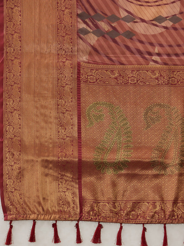 Peach Tusser Silk Digital Print Striped Saree with Blouse