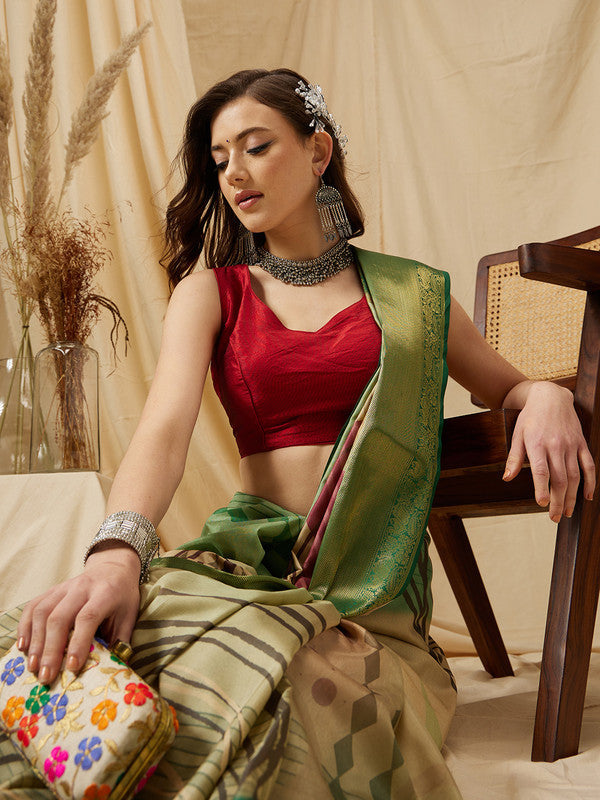 Multicolor Tusser Silk saree with digital striped pattern and unstitched blouse piece