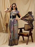 Multicolor striped tusser silk digital print saree with an unstitched blouse