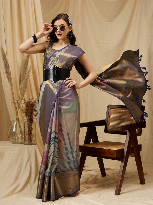 Multicolor striped tusser silk digital print saree with an unstitched blouse